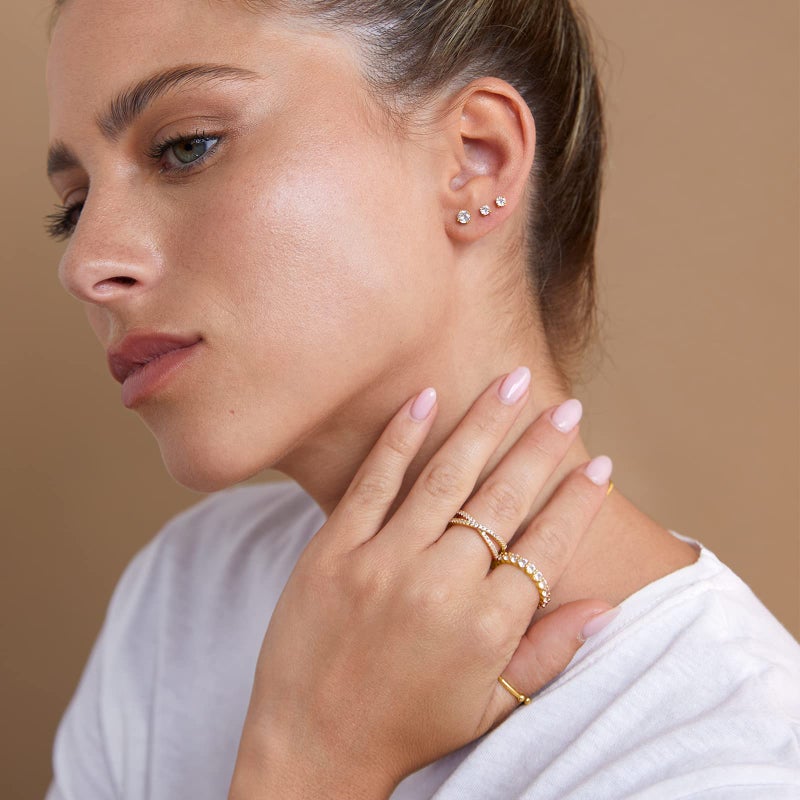PAVOI 14K Rose Gold Plated Solid 925 Sterling Silver Post Cubic Zirconia Stud Flat Back Earrings Pack for Women | Cartilage Earring & Helix Piercing Jewelry | Small Stud Earrings Set of Three - Image 3
