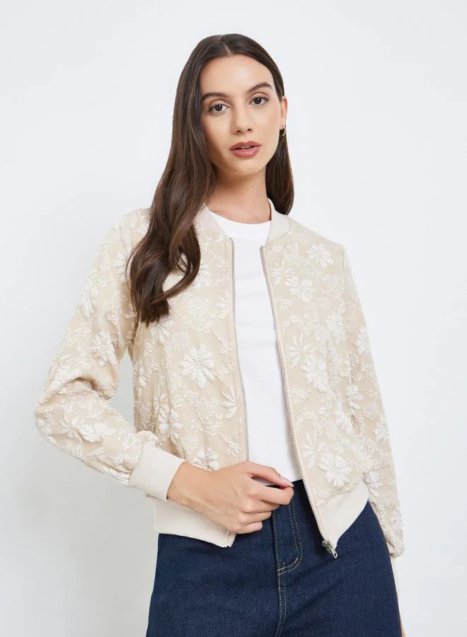 Take Two Floral Lace  Zip Up Elastic Cuff Jacket