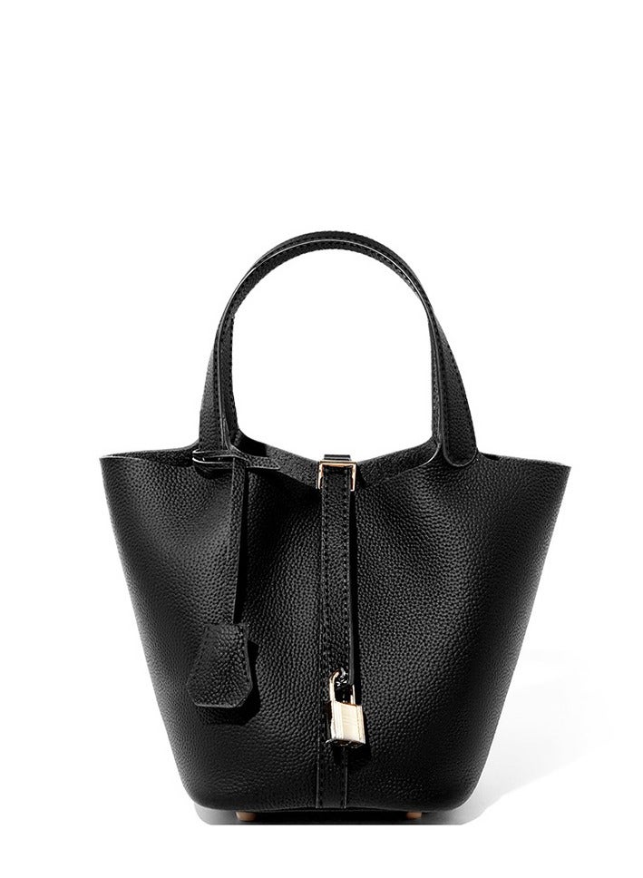 xozgdovg Bucket bag, vegetable basket, women's bag, leather handbag, Mommy bag, bridal bag, advanced black. 