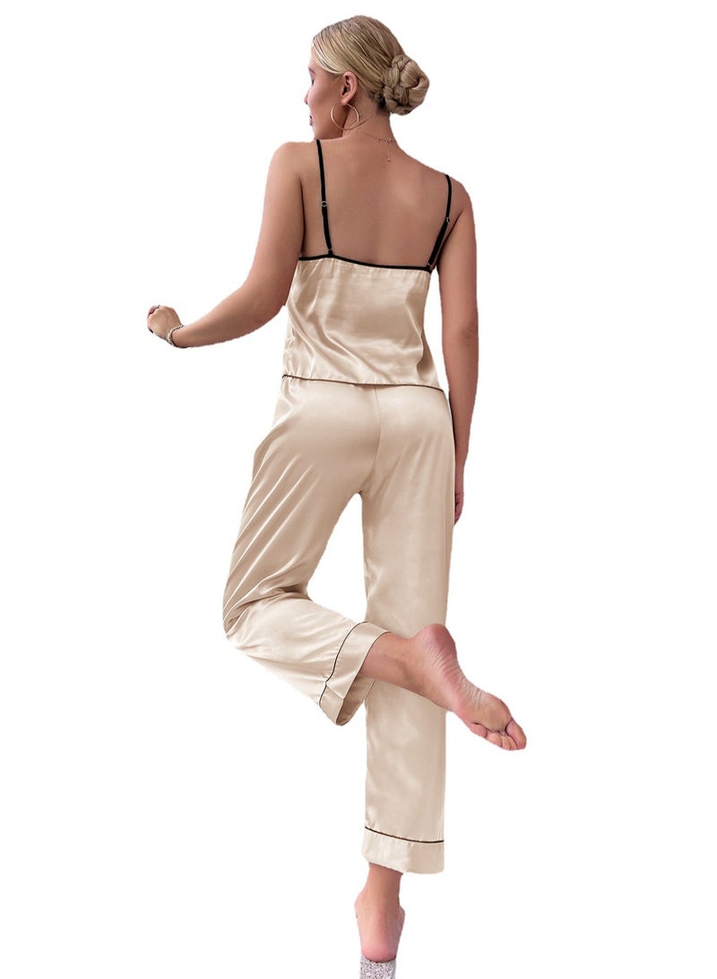 Women's Leisure 3-Piece Set Nightgown Sleepwear Camisole Top And Shorts And Eyeshade Soft Loungewear Pajamas Suit Champagne - Image 2