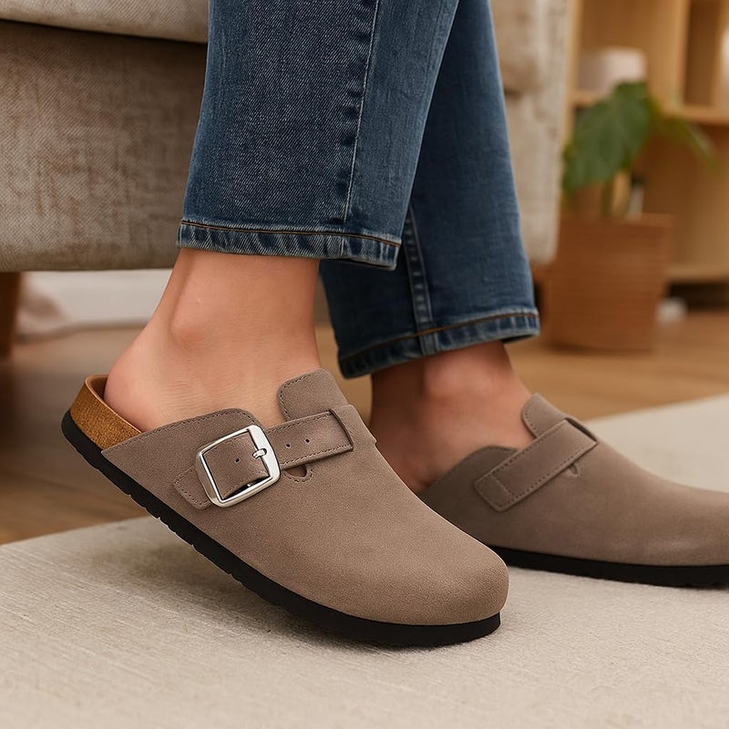 Project Cloud 100% Genuine Leather Clogs for Women Shoes - Memory Foam Insole, Non-Slip & Natural Cork Footbed Arch Support Big Buckle Womens Clogs and Mules Footwear (Manchester, TAUPSUEDE,5.5)