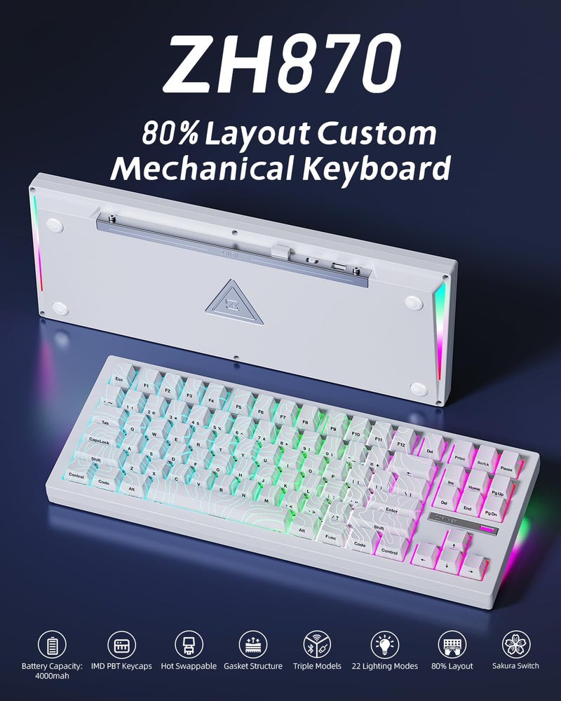 ZORNHER ZH870 Wireless Gaming Mechanical Keyboard,80% White Custom Creamy Sound Keyboard with Lighted Up White Topographic Keycaps,Creamy Sounding Linear Switches,Hot-Swappable,RGB Backlit - Image 3