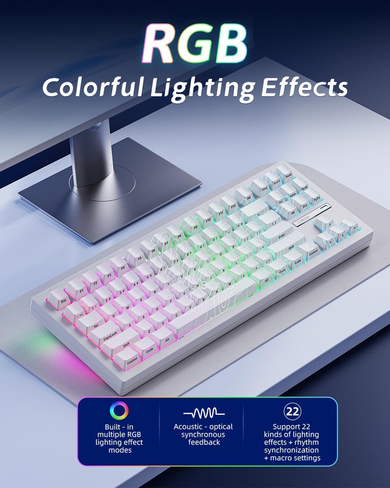 ZORNHER ZH870 Wireless Gaming Mechanical Keyboard,80% White Custom Creamy Sound Keyboard with Lighted Up White Topographic Keycaps,Creamy Sounding Linear Switches,Hot-Swappable,RGB Backlit - Image 4