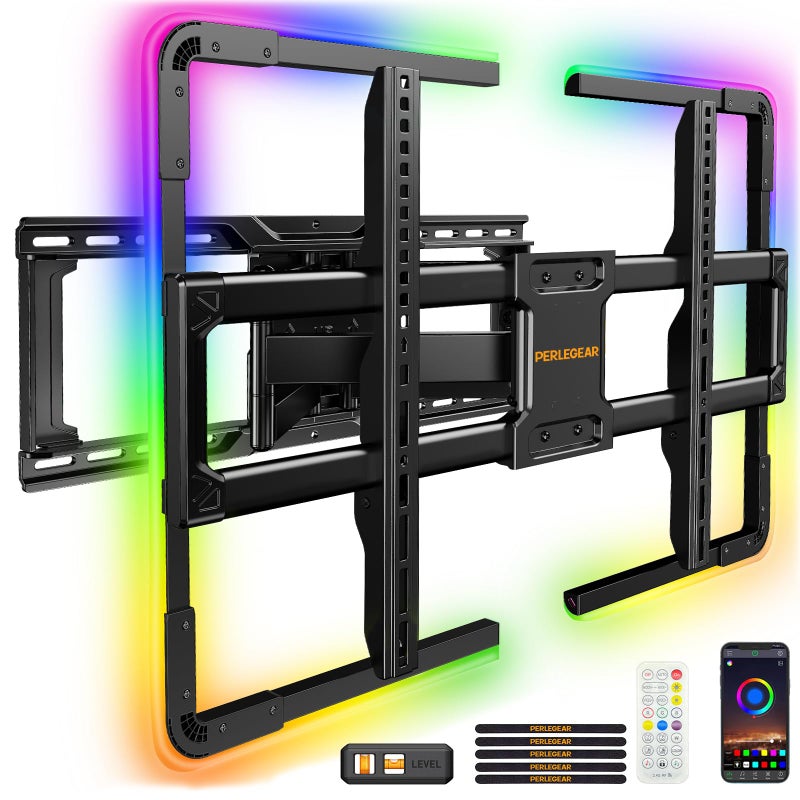 Perlegear AuraFrameâ„¢ Pre-Assembled TV Wall Mount with LED Light for 42â€³â€“90â€³ TVs up to 150 lbs, Full Motion Wall Mount, Tilt, Swivel & Extension, TV Backlights with Music Sync, Max VESA 600 x 400mm - Image 1