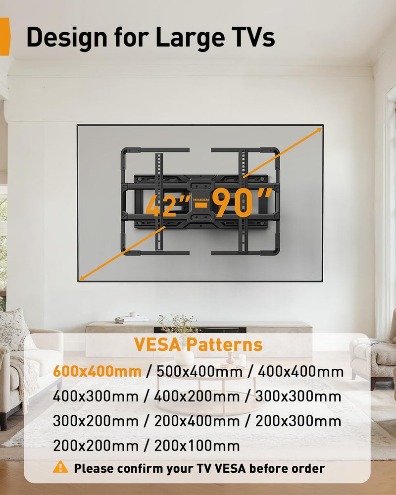 Perlegear AuraFrameâ„¢ Pre-Assembled TV Wall Mount with LED Light for 42â€³â€“90â€³ TVs up to 150 lbs, Full Motion Wall Mount, Tilt, Swivel & Extension, TV Backlights with Music Sync, Max VESA 600 x 400mm - Image 2