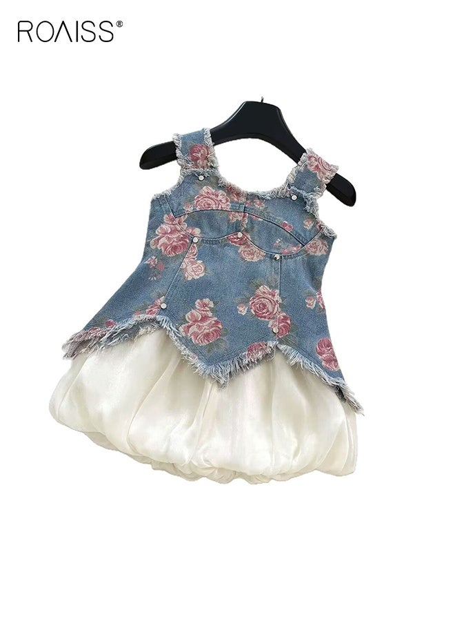 roaiss 2 Piece Comortable Clothing Set for Girls, Toddler Girls Camisole and Shorts Set, Stylish Summer Outfit with Sleeveless Floral Denim Top and Solid Short Pants  - Image 5