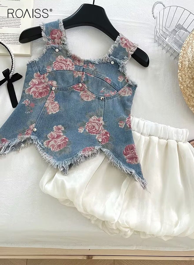 roaiss 2 Piece Comortable Clothing Set for Girls, Toddler Girls Camisole and Shorts Set, Stylish Summer Outfit with Sleeveless Floral Denim Top and Solid Short Pants  - Image 2