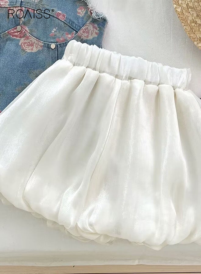 roaiss 2 Piece Comortable Clothing Set for Girls, Toddler Girls Camisole and Shorts Set, Stylish Summer Outfit with Sleeveless Floral Denim Top and Solid Short Pants  - Image 4