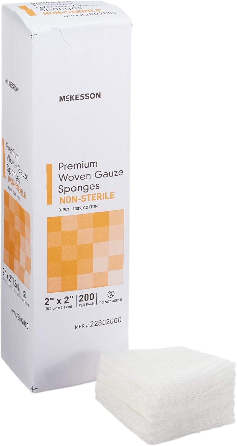 McKesson Premium Woven Gauze Sponges, Non-Sterile, 8-Ply, 100% Cotton, 2 in x 2 in, 200 per Pack, 1 Pack