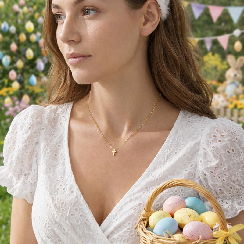 Poxtex Easter Basket Stuffers Gold Cross Necklace for Women Teen Girls Dainty Cute 14K Gold Plated Small Cross Pendant Trendy Jewelry Non Tarnish Waterproof Simple Necklace Religious Christian Baptism Jesus Faith Gifts - Image 3