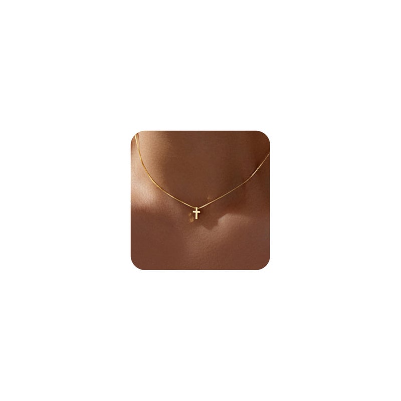 Poxtex Easter Basket Stuffers Gold Cross Necklace for Women Teen Girls Dainty Cute 14K Gold Plated Small Cross Pendant Trendy Jewelry Non Tarnish Waterproof Simple Necklace Religious Christian Baptism Jesus Faith Gifts - Image 1