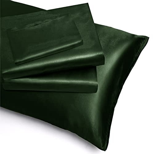 NSGZ 3 Pieces Satin Sheets Twin XL, Silky Satin Sheet Sets with 1 Fitted Sheet, 1 Flat Sheet and 1 Pillowcases, Cooling Bed Sheet, Extra Soft Satin Fitted Sheet, Dark Green - Image 2