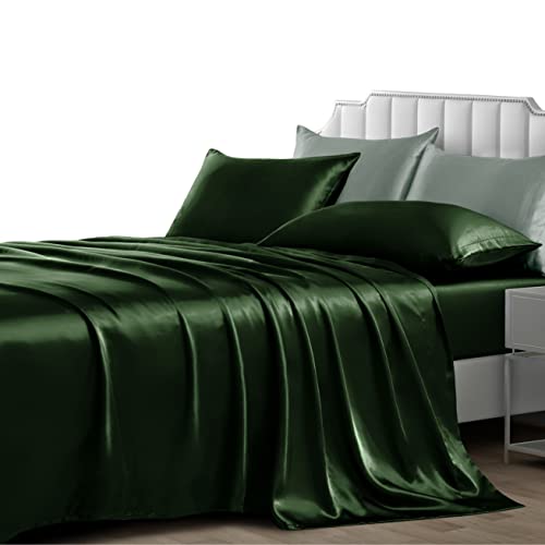 NSGZ 3 Pieces Satin Sheets Twin XL, Silky Satin Sheet Sets with 1 Fitted Sheet, 1 Flat Sheet and 1 Pillowcases, Cooling Bed Sheet, Extra Soft Satin Fitted Sheet, Dark Green - Image 1