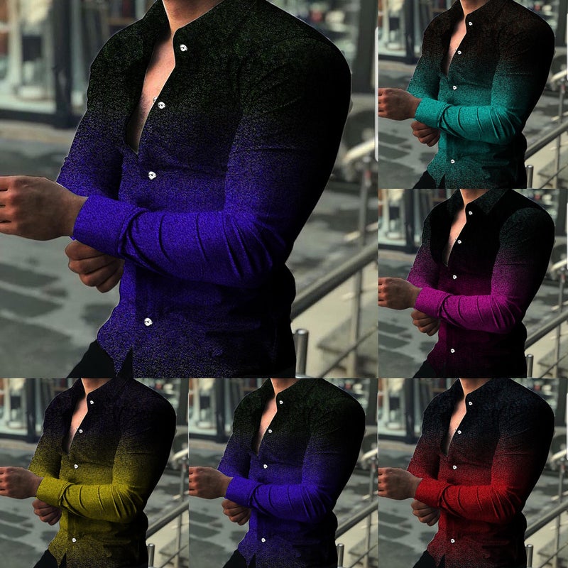 Men's Gradient Print Shirt with Turn-down Collar Long Sleeve - Image 1