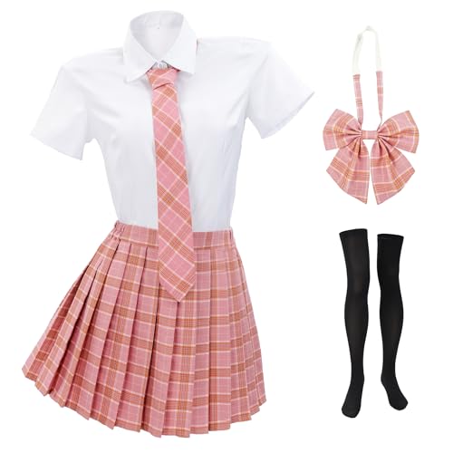 PROCOS US Size Schoolgirl Costume Women Japanese Uniform Outfit with Plaid Bow Tie 5 PCS Pink - Image 1