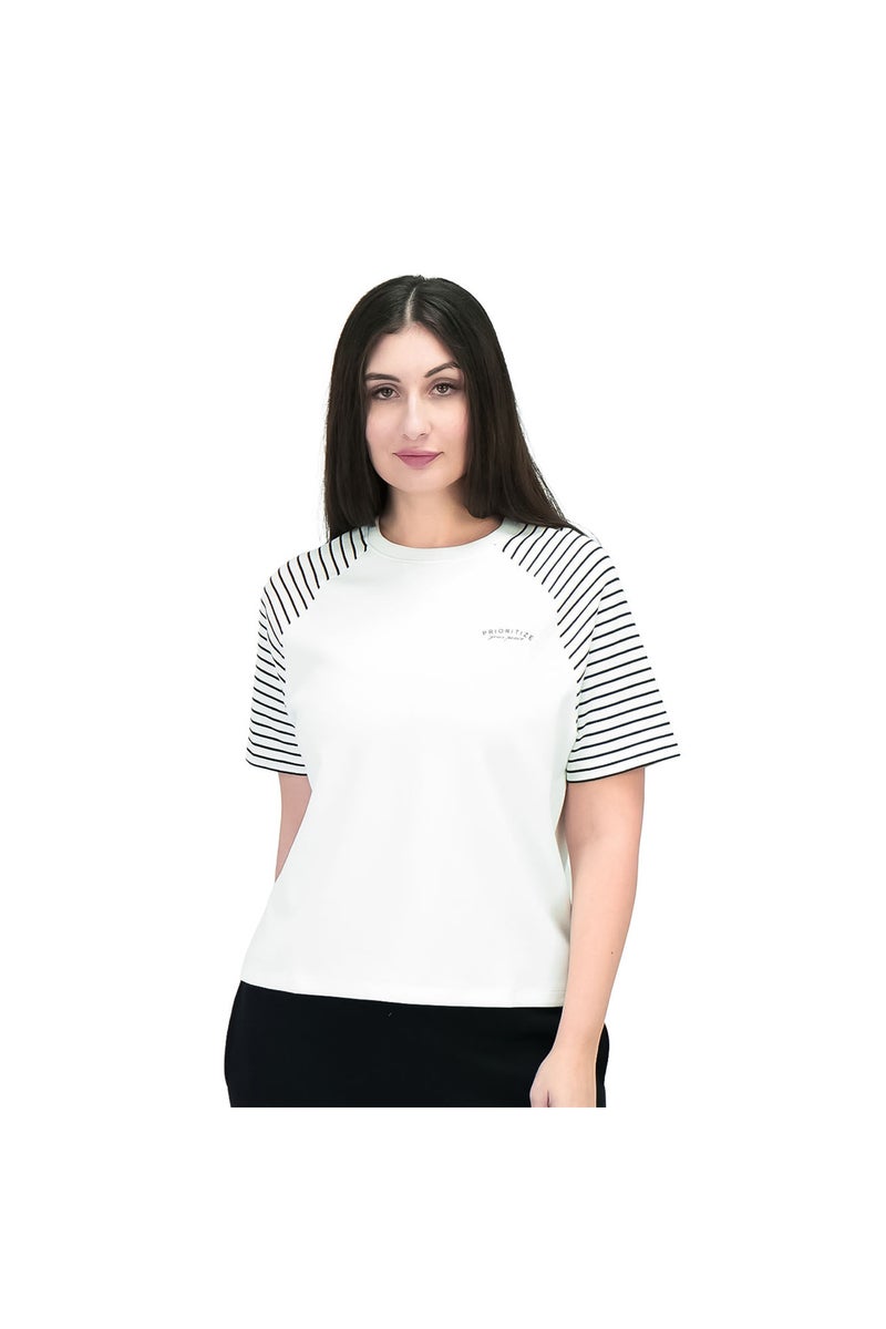 GIORDANO Women's White Striped Crewneck Tee - Image 1