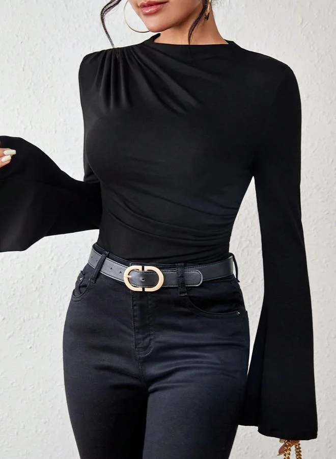 Take Two Black Ruched Bell Sleeve Top