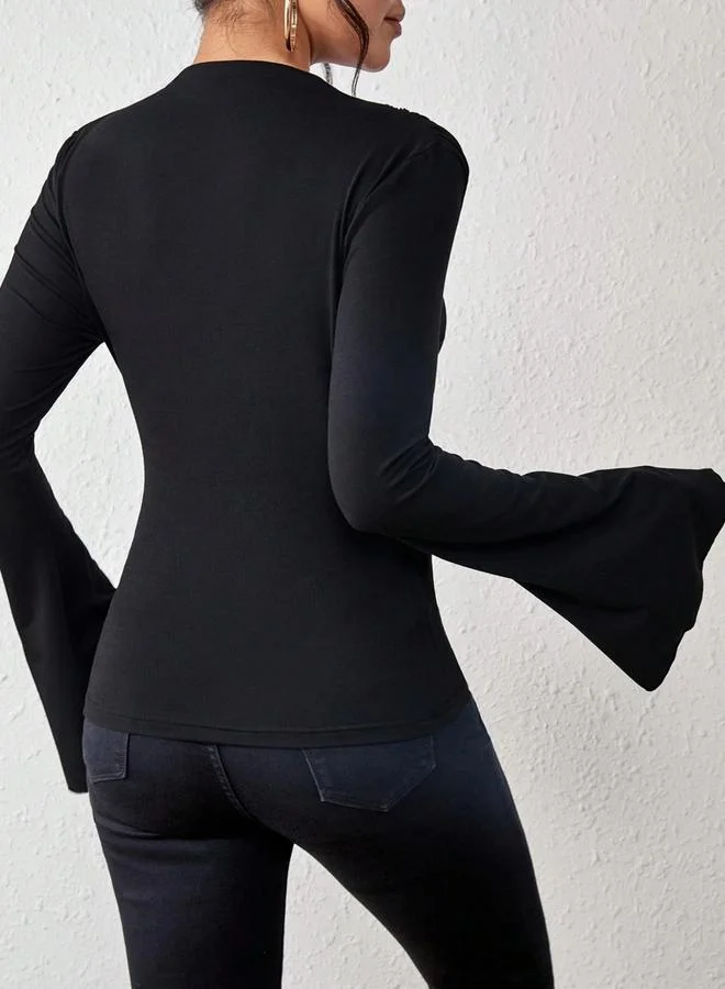Take Two Black Ruched Bell Sleeve Top