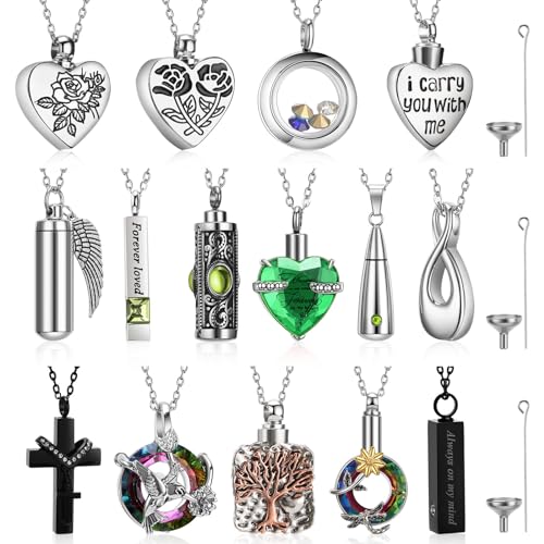 Ecation 15 Pcs Urn Necklace for Ashes Keepsake Cremation Jewelry Stainless Steel Cross Heart Cubic Locket Ashes Necklace Crystal Memorial Pendant for Human Women Men Loved Ones 15 Styles Green - Image 1