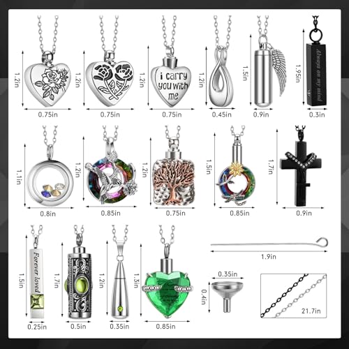 Ecation 15 Pcs Urn Necklace for Ashes Keepsake Cremation Jewelry Stainless Steel Cross Heart Cubic Locket Ashes Necklace Crystal Memorial Pendant for Human Women Men Loved Ones 15 Styles Green - Image 3