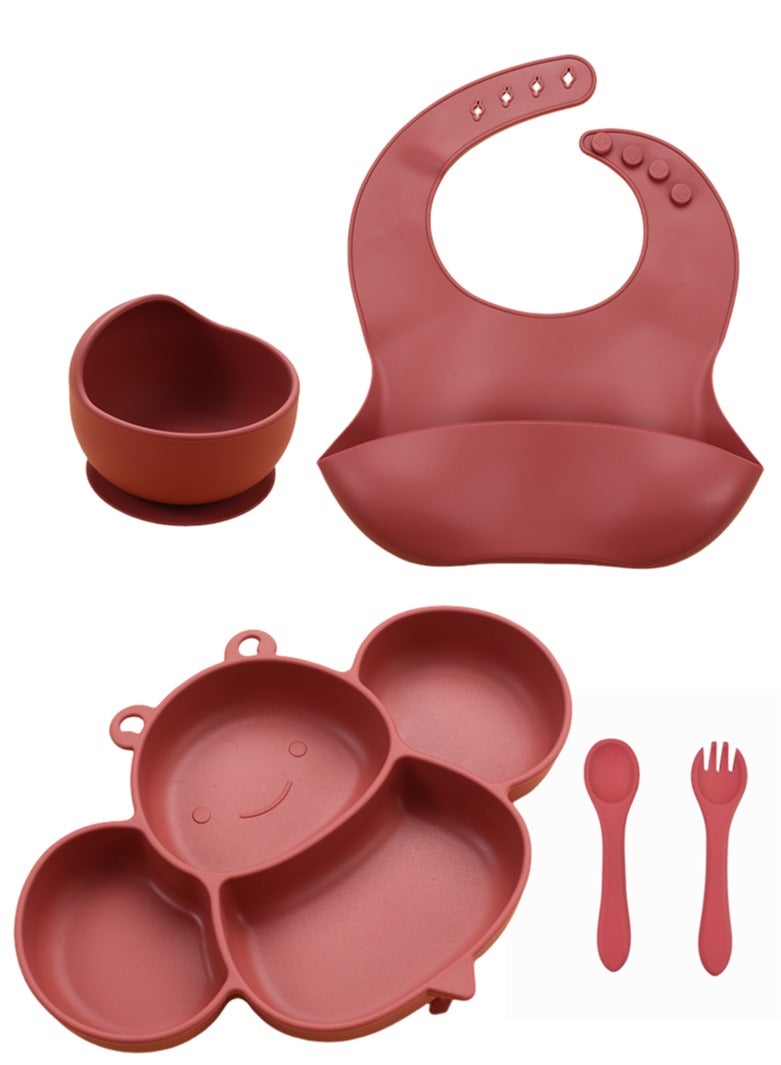 Silicone Baby Feeding Set, 5-Piece, Burgundy Red, Includes Bib, Suction Bowl, Divided Plate, and Utensils