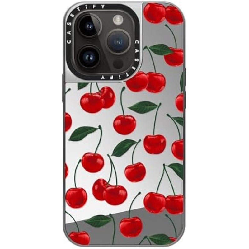 كاستيفي CASETiFY Mirror Case for iPhone 14 Pro Compatible with Magsafe - Vibrant red Cherry Pattern - Silver on Silver - Image 3