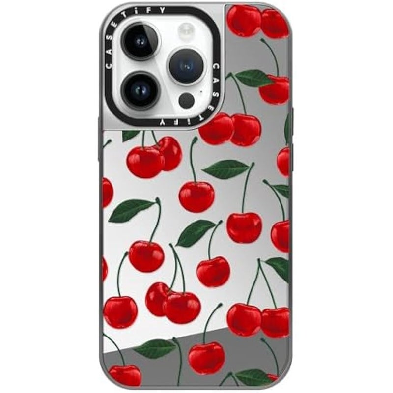 كاستيفي CASETiFY Mirror Case for iPhone 14 Pro Compatible with Magsafe - Vibrant red Cherry Pattern - Silver on Silver - Image 1