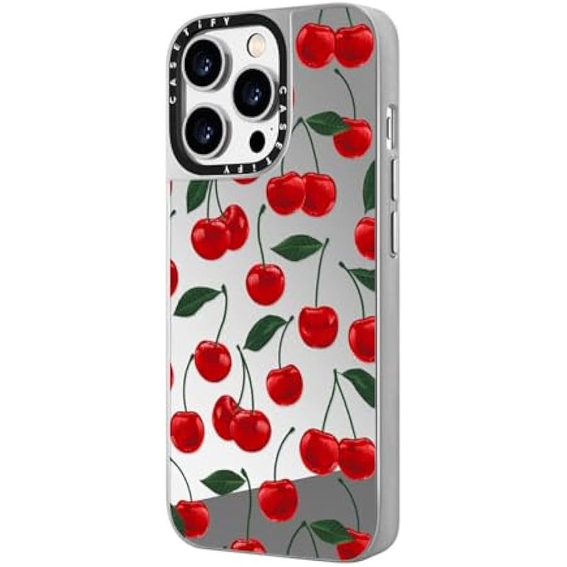 كاستيفي CASETiFY Mirror Case for iPhone 14 Pro Compatible with Magsafe - Vibrant red Cherry Pattern - Silver on Silver - Image 5