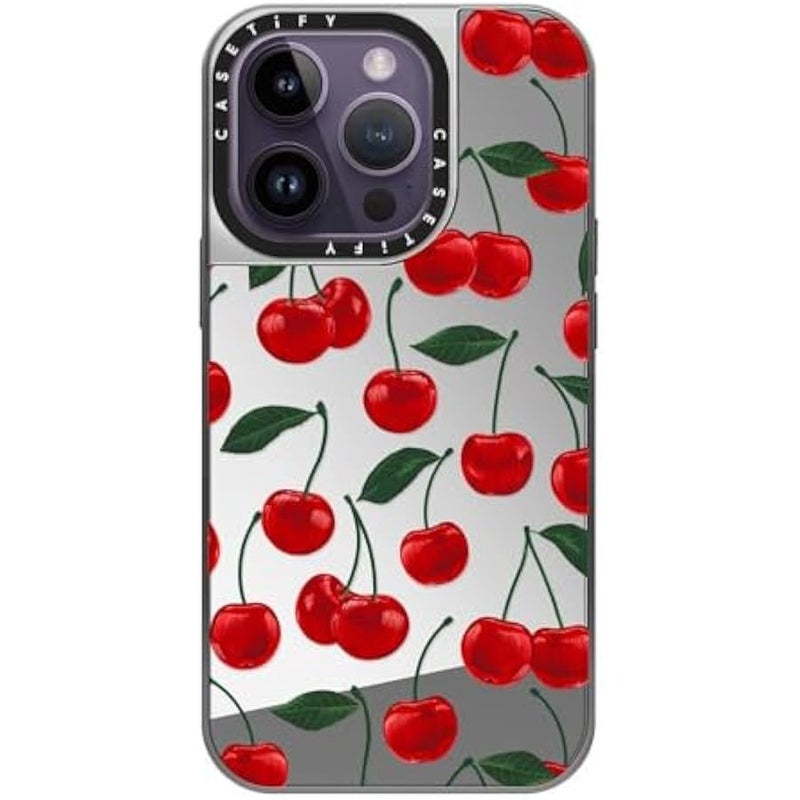 كاستيفي CASETiFY Mirror Case for iPhone 14 Pro Compatible with Magsafe - Vibrant red Cherry Pattern - Silver on Silver - Image 2