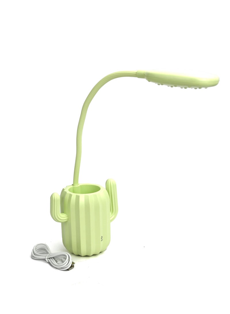 مصباح مكتب صبار مع حامل أقلام، مصباح مكتب على شكل صبار قابل لإعادة الشحن USB مع رقبة قابلة للتعديل، مصباح مكتب صبار LED ضوء ليلي للأطفال، مصباح للقراءة، بجانب السرير، أو ديكور مكتب العمل باللون الأخضر - Image 1