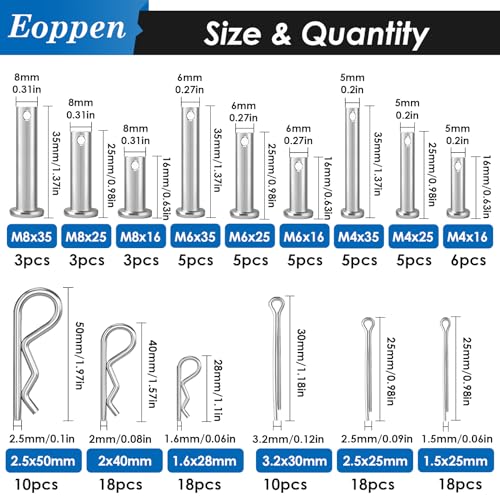Eoppen 132Pcs Clevis Pin Cotter Pin Hair Pin Assortment Kit - 304 Stainless Steel 15 Sizes Cotter Pin & R Clips Pin Zinc-Plated Single Hole Flat Head Clevis Pins - Image 2