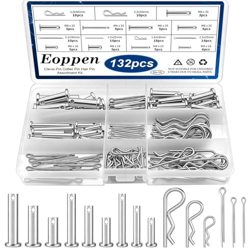 Eoppen 132Pcs Clevis Pin Cotter Pin Hair Pin Assortment Kit - 304 Stainless Steel 15 Sizes Cotter Pin & R Clips Pin Zinc-Plated Single Hole Flat Head Clevis Pins - Image 1