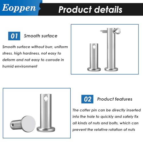 Eoppen 132Pcs Clevis Pin Cotter Pin Hair Pin Assortment Kit - 304 Stainless Steel 15 Sizes Cotter Pin & R Clips Pin Zinc-Plated Single Hole Flat Head Clevis Pins - Image 3