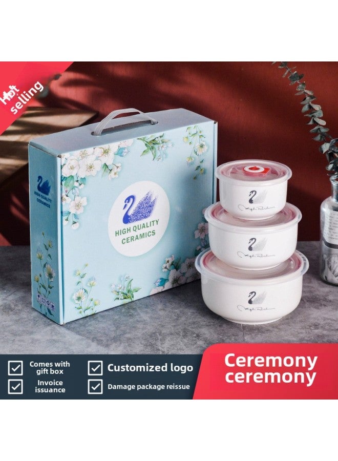 Ceramic Fresh-keeping Bowl Three-piece Gift Bowl Set Sealed Bowl Printed Logo Opening Activity Promotion Sales Gift-Specifications:Golden Swan-Color:Fresh Bowl 6-inch Single Pack (48 Sets Per Box) - Image 1