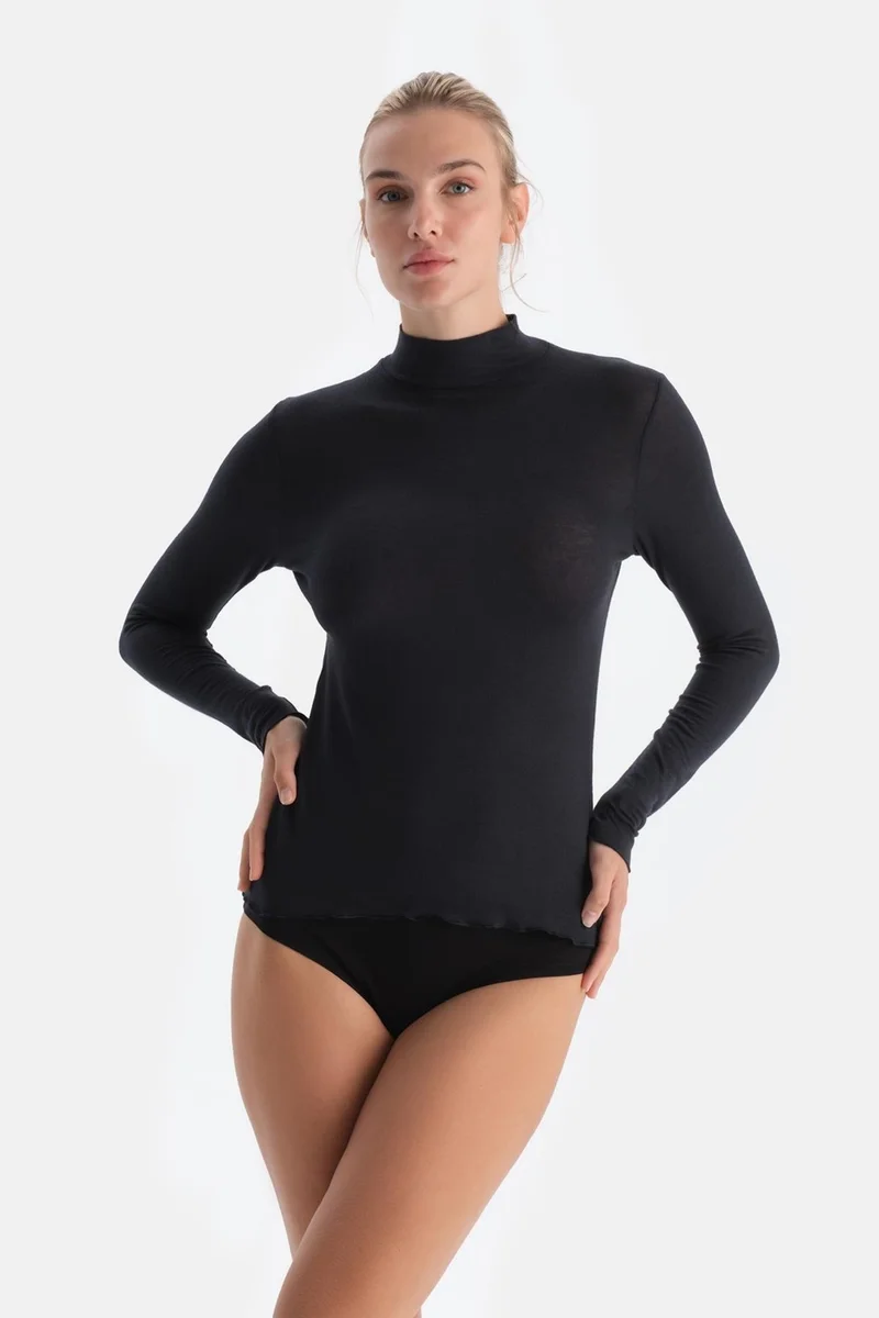 داجي Black 5118KC Modal Cashmere Turtleneck Long Sleeve Top