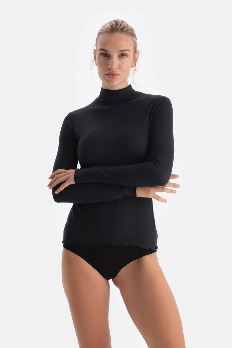 داجي Black 5118KC Modal Cashmere Turtleneck Long Sleeve Top