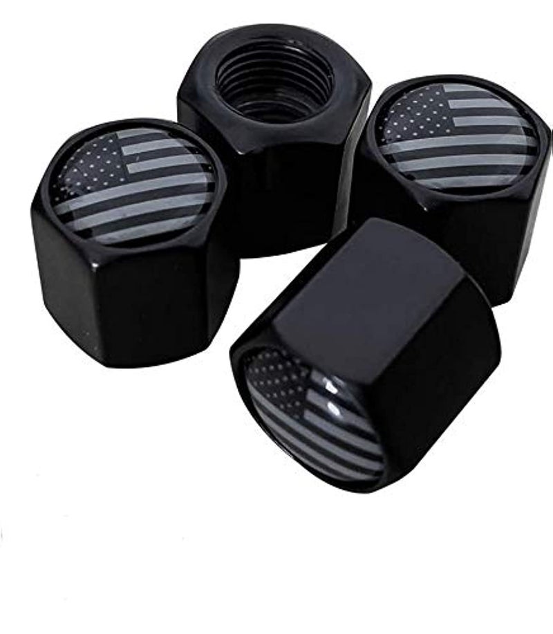 TACTILIAN American Flag Tire Valve Stem Caps 4 Pack Black Subdued Aluminum with Rubber ORing Air Leakproof Valve Caps Cover fits Cars Trucks Bikes Motorcycles Bicycles Tire Caps