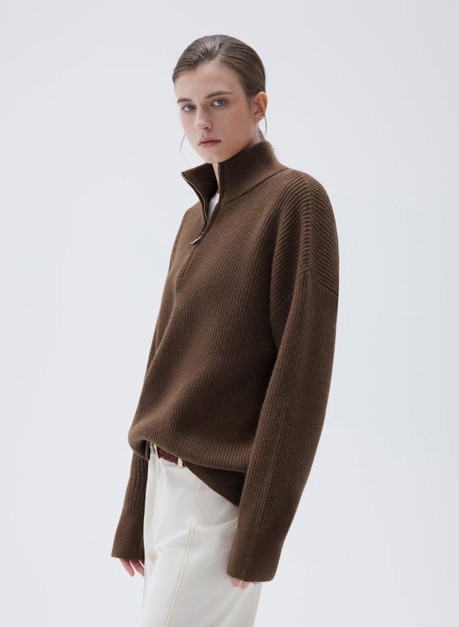 SUUKSESS Women Cashmere Oversized Quarter Zip Pullover Sweater Long Sleeve Collared Ribbed Knit Jumper Tops, Brown, L - Image 5