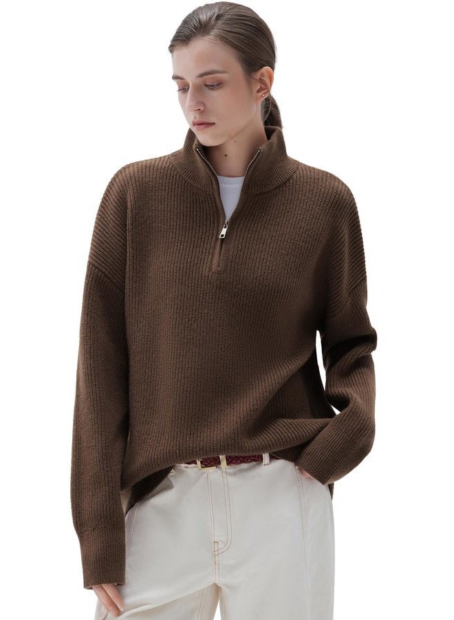 SUUKSESS Women Cashmere Oversized Quarter Zip Pullover Sweater Long Sleeve Collared Ribbed Knit Jumper Tops, Brown, L - Image 1