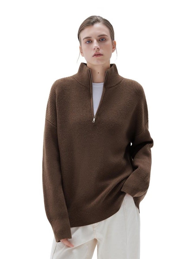 SUUKSESS Women Cashmere Oversized Quarter Zip Pullover Sweater Long Sleeve Collared Ribbed Knit Jumper Tops, Brown, L - Image 4