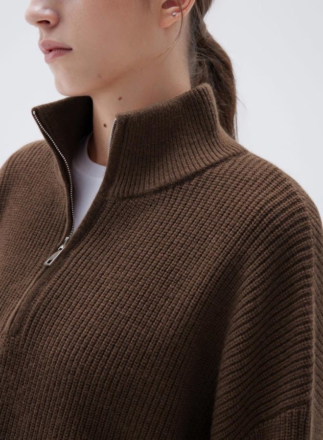 SUUKSESS Women Cashmere Oversized Quarter Zip Pullover Sweater Long Sleeve Collared Ribbed Knit Jumper Tops, Brown, L - Image 3