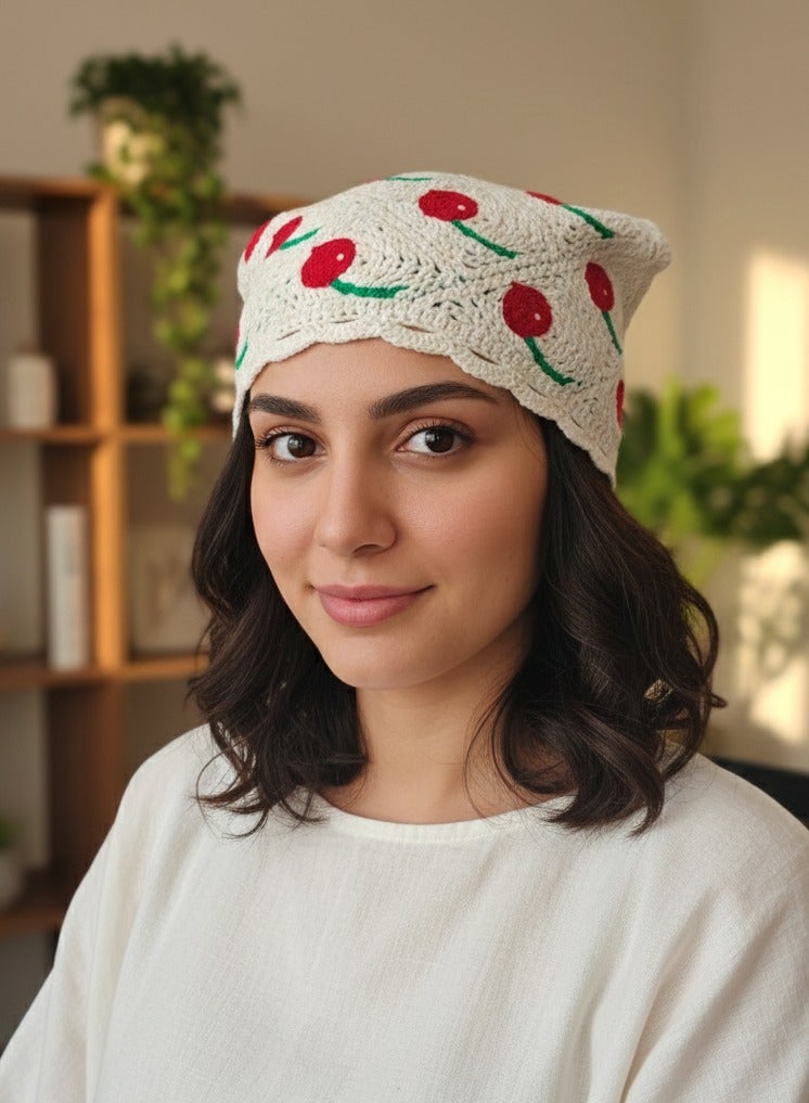 رباط رأس كروشيه عتيق - نمط زهور الكرز الأنيق، قماش ناعم من الكروشيه - Image 1