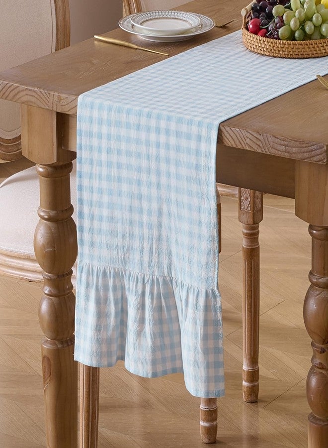 Cobedzy 13" x 72" Plaid Gingham Ruffle Table Runner, Light Blue Cotton Checkered Table Runner for Farmhouse, Party, Kitchen Decor - Image 1