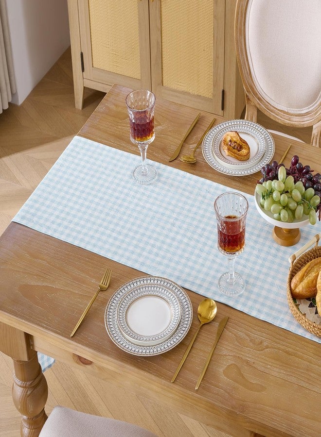 Cobedzy 13" x 72" Plaid Gingham Ruffle Table Runner, Light Blue Cotton Checkered Table Runner for Farmhouse, Party, Kitchen Decor - Image 4
