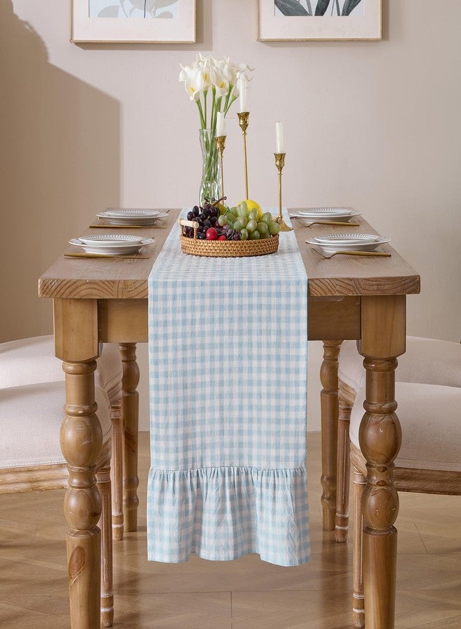 Cobedzy 13" x 72" Plaid Gingham Ruffle Table Runner, Light Blue Cotton Checkered Table Runner for Farmhouse, Party, Kitchen Decor - Image 2