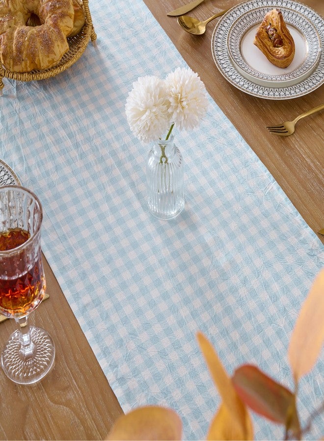 Cobedzy 13" x 72" Plaid Gingham Ruffle Table Runner, Light Blue Cotton Checkered Table Runner for Farmhouse, Party, Kitchen Decor - Image 5