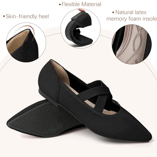 TINGRISE Women's Flats Shoes Pointed Toe Knit Washable Comfortable Dressy Mary Jane Ballet Flat with Strap Black US7 - Image 2