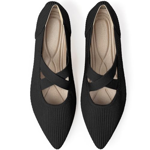 TINGRISE Women's Flats Shoes Pointed Toe Knit Washable Comfortable Dressy Mary Jane Ballet Flat with Strap Black US7 - Image 1