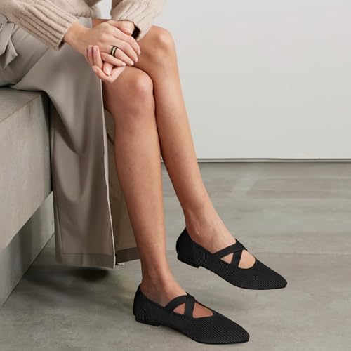 TINGRISE Women's Flats Shoes Pointed Toe Knit Washable Comfortable Dressy Mary Jane Ballet Flat with Strap Black US7 - Image 4