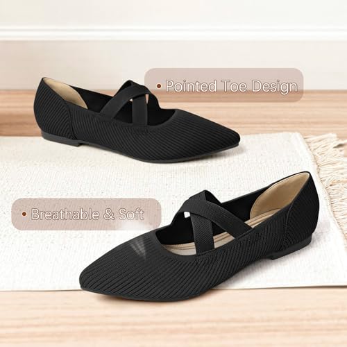 TINGRISE Women's Flats Shoes Pointed Toe Knit Washable Comfortable Dressy Mary Jane Ballet Flat with Strap Black US7 - Image 3